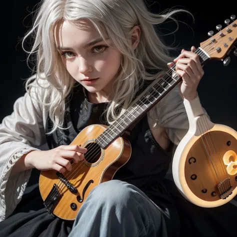 Bard with white hair, glowing orange eyes and mandolin, fluffy hair