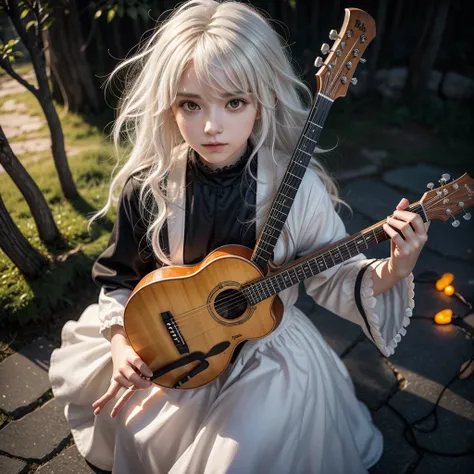 Bard with white hair, glowing orange eyes and mandolin, fluffy hair anime, one person full body