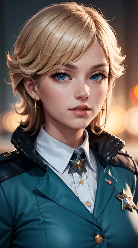 light smile, glowing skin, better quality, illustration, (realistic:1.4) 여성 soldier, female officer, soldier, military uniform, Permed hair, silver hair, Orange eyes, short hair