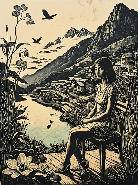 simple forms. childish. a woman sitting on a chair with an owl and a big frog and a river. modern expressionism, woodcut print o...