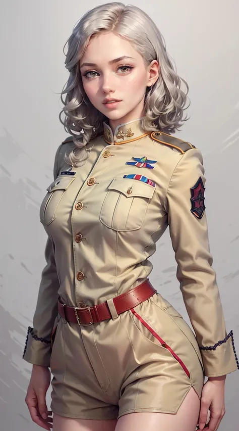 light smile, glowing skin, better quality, illustration, (realistic:1.4) 여성 soldier, female officer, soldier, military uniform, Permed hair, silver hair, Orange eyes, short hair