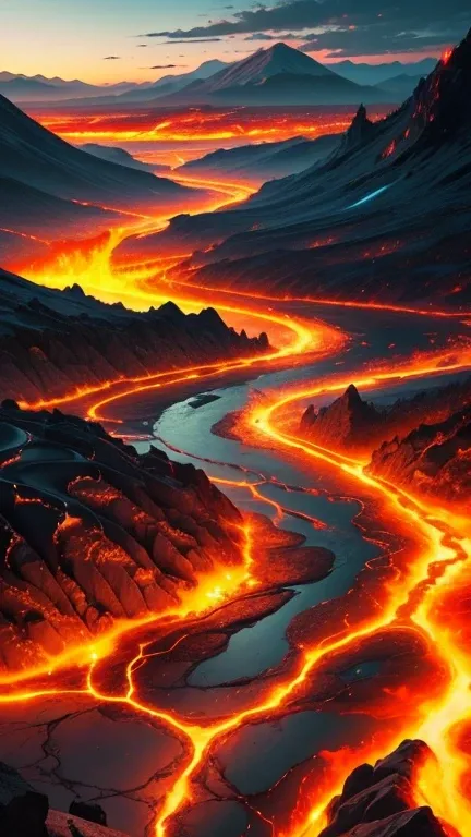 Fantastic hell tip landscape with lava rivers, mountains and fire with all details from the ground to the sky