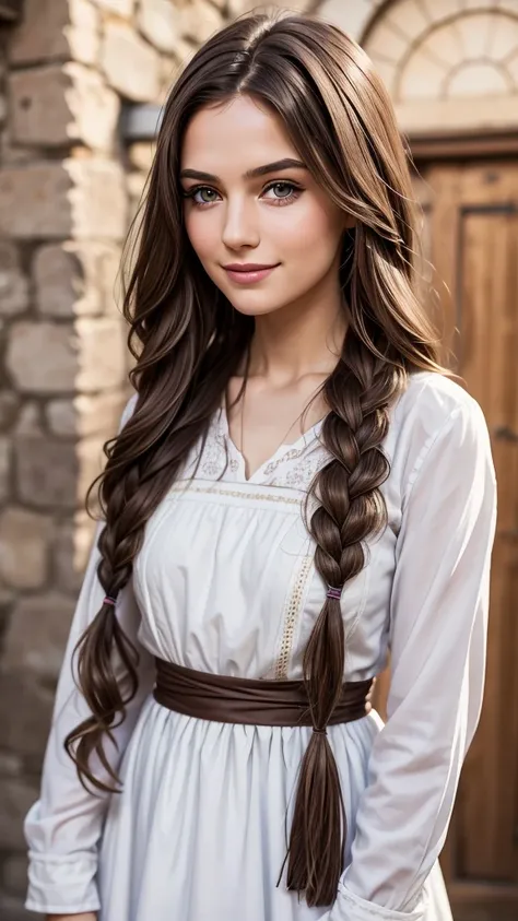 

Elara is a slender girl with expressive, curious eyes and a warm, inviting smile. She has long, wavy brown hair often tied back in a loose braid. She wears simple, modest village clothing, usually a plain dress with an apron