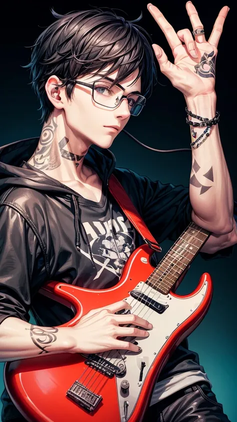 boy with glasses, black hair and tattoo on his hand playing electric guitar