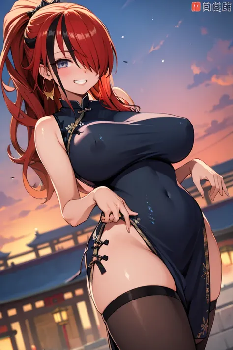 masterpiece, best quality, highres, hmlain, long hair, , ponytail, streaked hair, hair over one eye,, , hair over one eye, earrings, huge breasts,(((china dress))),outdoor,looking viewer,cowboy shot,grin,thighhighs,slit,sleeveless