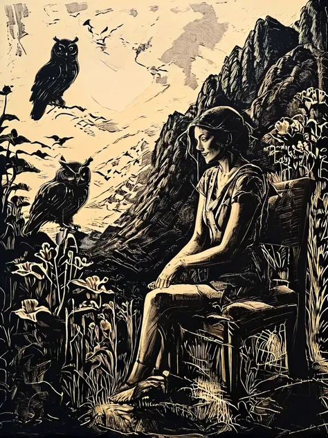 simple forms. a woman sitting on a chair with an owl. modern expressionism, woodcut print of a mountain and many houses, big orc...