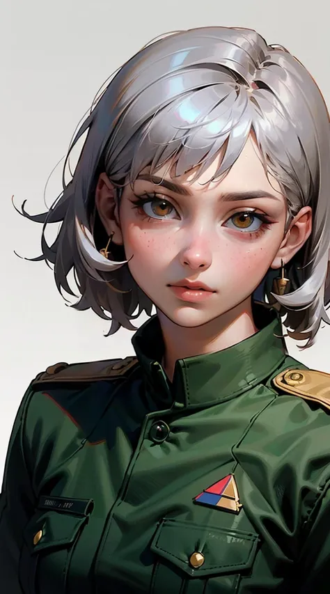 light smile, glowing skin, better quality, illustration, (realistic:1.4) 여성 soldier, female officer, soldier, military uniform, Permed hair, silver hair, Orange eyes, short hair