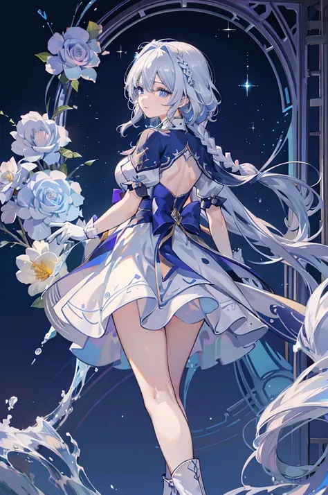 a woman with white hair and blue eyes、adult、long, fluffy wavy hair、braiding、wearing hair ornaments、smiling、elegant and ladylike、...