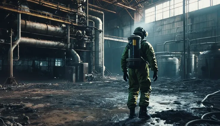 a man in a gas suit walking through an abandoned chemical factory, leaking gas and toxic smoke, surreal color tones, photography...