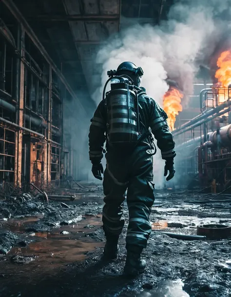 a man in a gas suit walking through an abandoned chemical factory, leaking gas and toxic smoke, surreal color tones, photography...