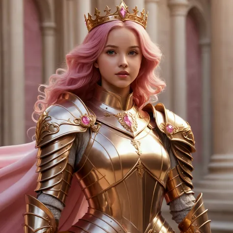 arafed woman in a gold armor and pink hair with a pink cape, girl in knight armor, dove cameron in a knight armor, beautiful fem...