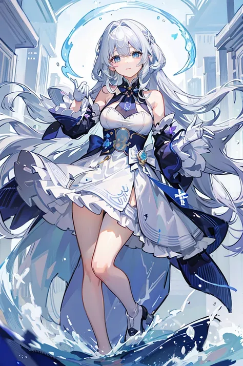 a woman with white hair and blue eyes、adult、long, fluffy wavy hair、braiding、wearing hair ornaments、smiling、elegant and ladylike、...