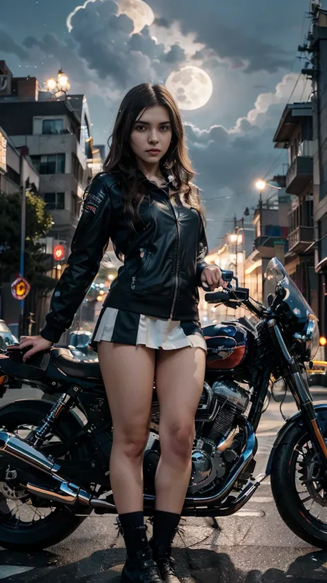 17-year-old waifu poses in front of a futuristic motorcycle, the motorcycle has skulls and blue flames, highly detailed 3d graph...