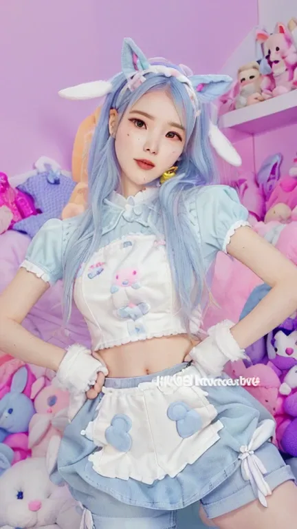 a close up of a person in a costume with a bunch of stuffed animals, trending at cgstation, anime inspired, anime girl cosplay, belle delphine, wearing cybernetic bunny ears, ultrarealistic sweet bunny girl, inspired by Leng Mei, ruan cute vtuber, anime gi...