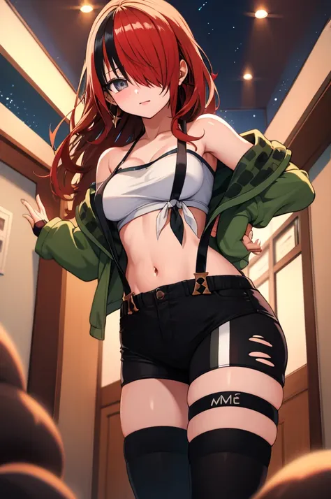 masterpiece, best quality, highres, hmlain, long hair, , ponytail, streaked hair, hair over one eye,, , hair over one eye, earrings, ,indoor,night view,looking viewer,, tube top, pouch, off shoulder, green jacket, open jacket, long sleeves, fingerless glov...