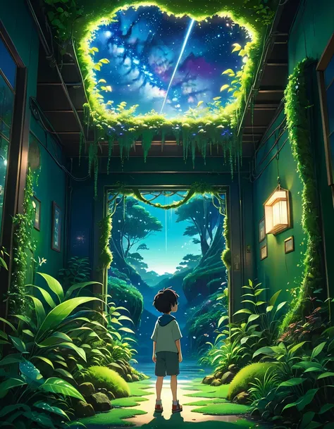 A cartoon little boy stands amidst a room adorned with lush plants and a lush nocturne forest scenario, a hole in the ceiling adorned with moss and vines reveals milky way starry night, biophilic and solarpunk place, encapsulated in an anime background rem...