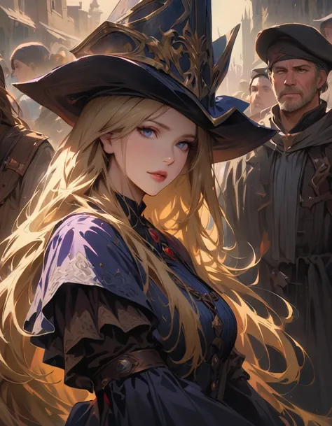 Detailed textures, high quality, high resolution, high accuracy, realism, color correction, correct lighting settings, harmonious composition. an image fantasy art of a blonde women dressed in medieval garbs, blonde hair, blue eyes, long hair, hat, solo fo...