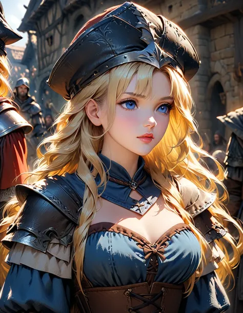 Detailed textures, high quality, high resolution, high accuracy, realism, color correction, correct lighting settings, harmonious composition. an image fantasy art of a blonde women dressed in medieval garbs, blonde hair, blue eyes, long hair, hat, solo fo...