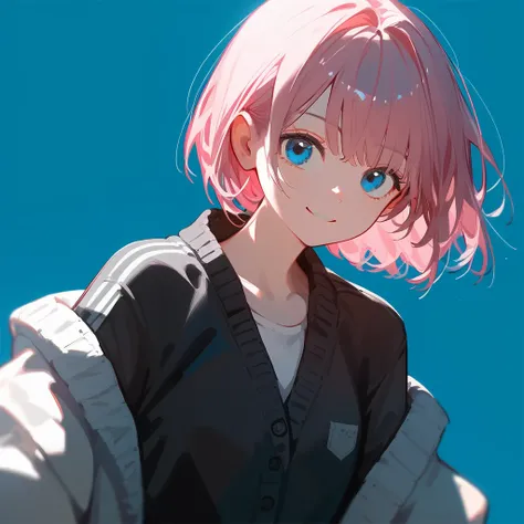 (score_9,score_8_superior,score_7_superior),One girl,Pink Hair,Bob,blue eyes, bangs, Simple Background, smile,Minimalist, Black clothes,cardigan