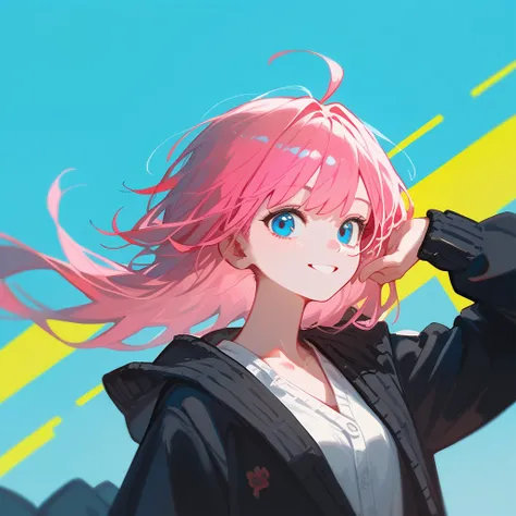 (score_9,score_8_superior,score_7_superior),One girl,Pink Hair,Bob,blue eyes, bangs, Simple Background, smile,Minimalist, Black clothes,cardigan