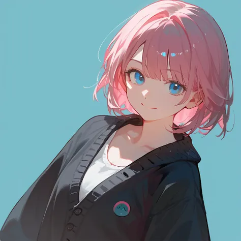 (score_9,score_8_superior,score_7_superior),One girl,Pink Hair,Bob,blue eyes, bangs, Simple Background, smile,Minimalist, Black clothes,cardigan