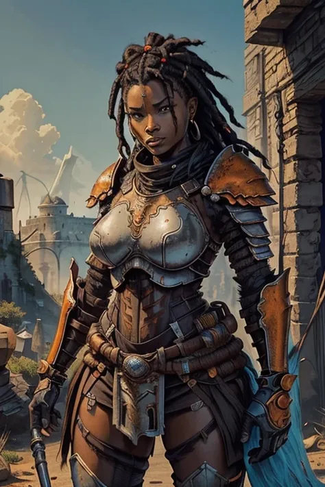 Close up of  African woman with (short black dreadlocks), black hair pulled back, wearing a (heavy orange mechanical armor, power armor covering her chest and arms, orange breast plate), with large (round orange shoulder pads), chipped paint, (visible wire...