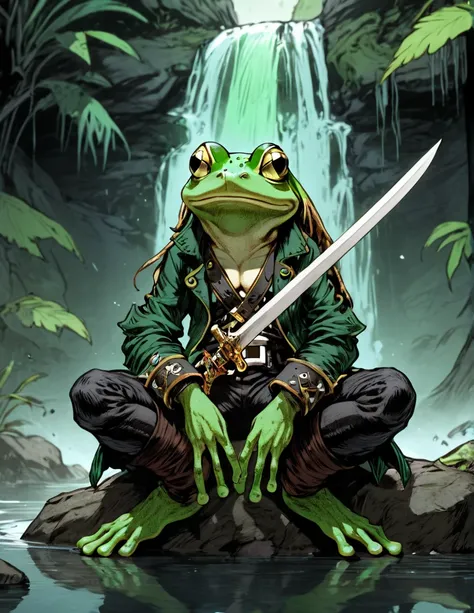 (sketch art, concept art:1.4),(masterpiece rough sketch drawing), best quality, solo closeup, meditating frog rogue, green skin, green eyes, dark outfit, sword ( pirate Style), high contrast, space theme, grunge, punk rock, waterfall