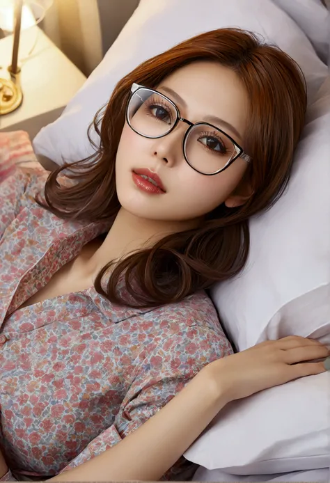 Highest quality、masterpiece、High sensitivity、High resolution、Detailed Description、Slender women、Glasses、Lying in bed、