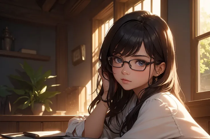 (best quality, masterpiece), 1girl, dappled sunlight, indoors, glasses, shy, 1 girl, young girl, (goosebumps:0.7), beautiful face, (eyeliner, lipstick:0.9), 4k, 8k, uhd, hdr, detailed background, background