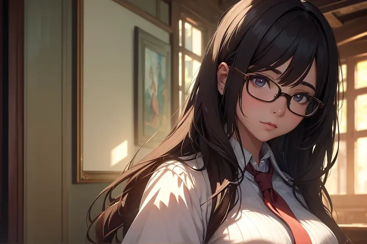 (best quality, masterpiece), 1girl, dappled sunlight, indoors, glasses, shy, 1 girl, young girl, (goosebumps:0.7), beautiful face, (eyeliner, lipstick:0.9), 4k, 8k, uhd, hdr, detailed background, background