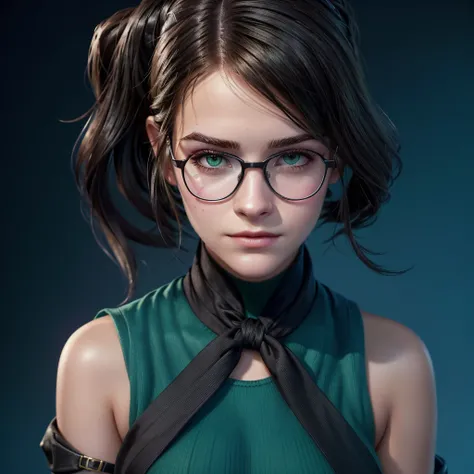 a realistic close up of a woman wearing glasses, black and tied hair, tanned skin, green eyes and wearing a blue top, fortnite crystal character, , realism in style of fornite game, video game avatar, 8k portrait rendering, face inspired by emma watson.