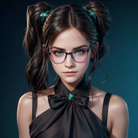 a realistic close up of a woman wearing glasses, black and tied hair, tanned skin, green eyes and wearing a blue top, fortnite crystal character, , realism in style of fornite game, video game avatar, 8k portrait rendering, face inspired by emma watson.