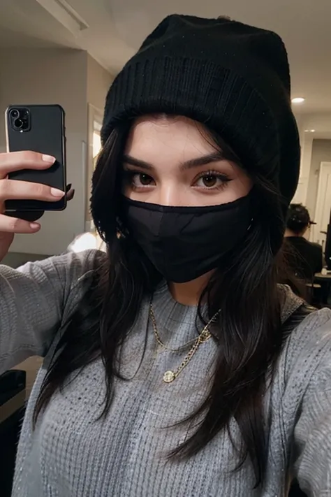 Sexy girl with long black hair taking a selfie in a black mask, a gray sweater and a black hat covering his face with his hand 