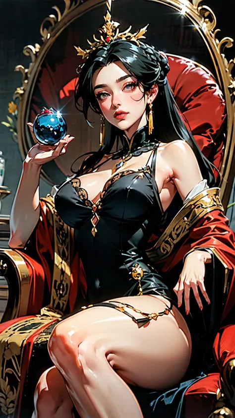 { "prompt": "Empress Xian Li, the Eternal Crescent, a highly detailed illustration in a 4K resolution. She is depicted with fair, flawless skin and long, straight raven-black hair styled in an intricate updo adorned with an elaborate crown made of gold and...