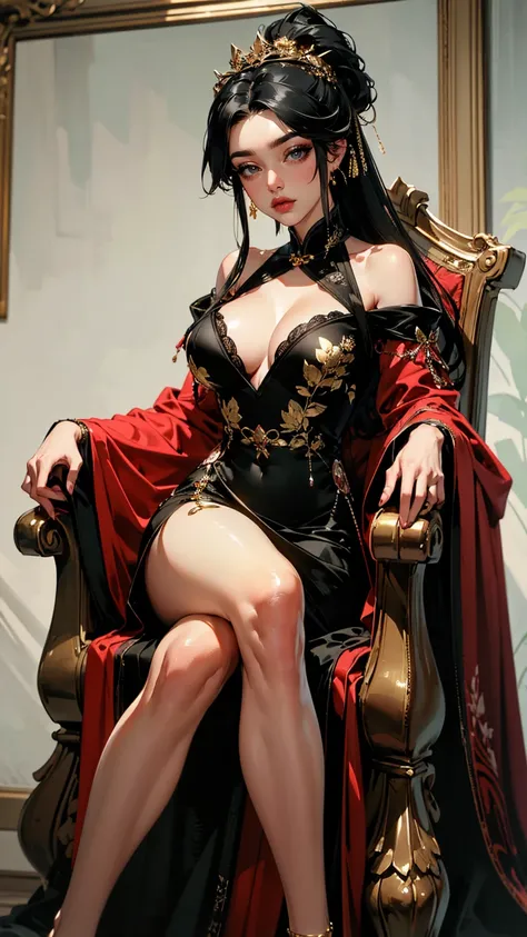 { "prompt": "Empress Xian Li, the Eternal Crescent, a highly detailed illustration in a 4K resolution. She is depicted with fair, flawless skin and long, straight raven-black hair styled in an intricate updo adorned with an elaborate crown made of gold and...