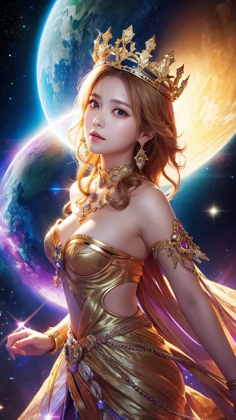 high resolution、gorgeous、goddess、crown、The background is space、shine、front、