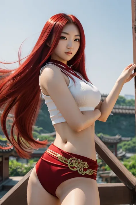 A super pretty anime Chinese girl with long hair and red locks and a rude but feminine short hair and a beautiful body with a waist and a pale complexion and with beautiful eyelashes and who is standing in a fighting pose and who has red powers