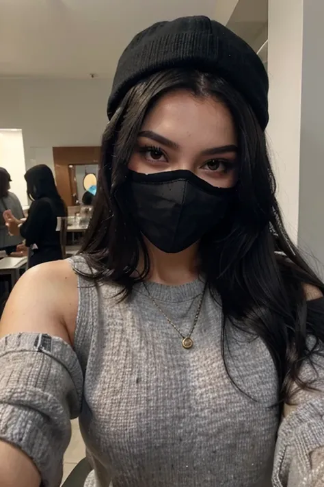 Sexy girl with long black hair taking a selfie in a black mask, a gray sweater and a black cap with a black outline