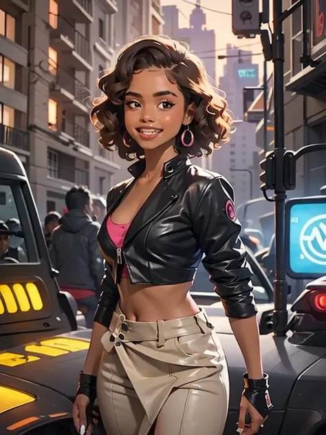 /imagine a cyberpunk warrior, a beautiful black woman, with light brown curly hair, ((her face is like that of the South African singer Tyla)), (she has a slutty smile, a tomboyish smile, beautiful teeth, but the look is sensual and seductive), she has rou...