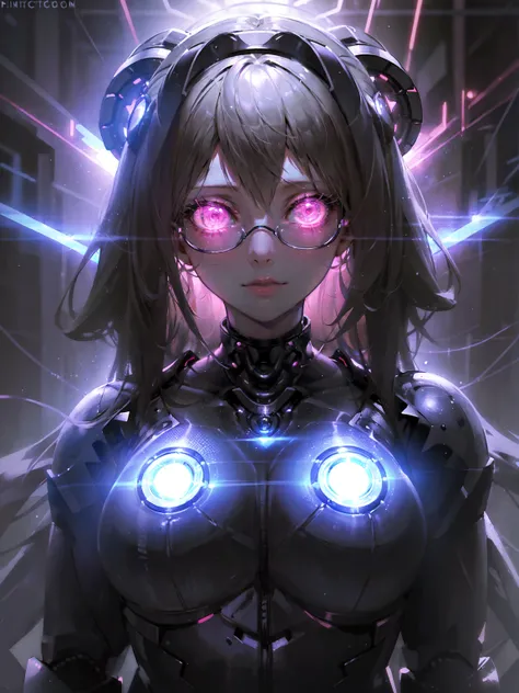 A tiny Stoic DJ robot girl, detailed metal robotic figure, glowing thunder lightning effects, wearing stylish futuristic glasses, cinematic lighting, dark moody atmosphere, muted color palette, 8k, highly detailed, photorealistic, concept art