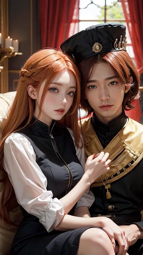 Red-haired monarch king with black eyes and his blonde-haired, blue-eyed fiancée 