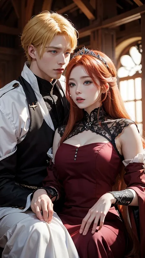 Red-haired monarch king with black eyes and his blonde-haired, blue-eyed fiancée 