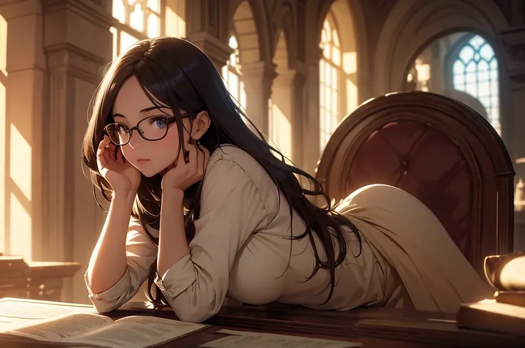 (best quality, masterpiece), 1girl, dappled sunlight, indoors, glasses, shy, 1 girl, young girl, (goosebumps:0.7), beautiful face, (eyeliner, lipstick:0.9), 4k, 8k, uhd, hdr, detailed background, background