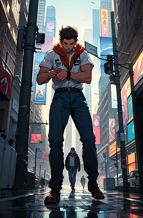 highest  quality, 8k, image high resolution, Detailed strokes, in the middle of a busy Times Square-style avenue, winter, leaning on one of the posts, Teenager, lion men, wearing a shirt , male, chest a little tight in the shirt , (angle from below), (near...