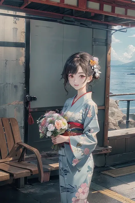 There is a woman holding a bouquet by the window., With flowers, Wearing a colorful yukata, Wear a rainbow-colored kimono, (masterpiece, Highest quality, Official Art, Highly detailed CG Unity 8k wallpaper), Highly detailed shot with a Canon EOA6D Mark II,...