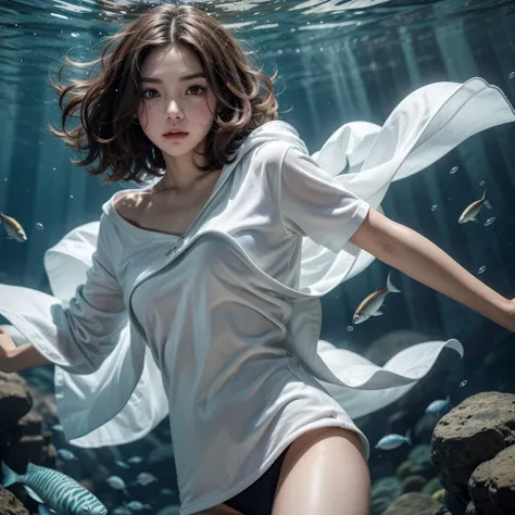  underwater with short wavy voluminous hair white skin dark brown eyes with rotating gun cutting fish, with the clothes where are the cut fish more well behaved clothes