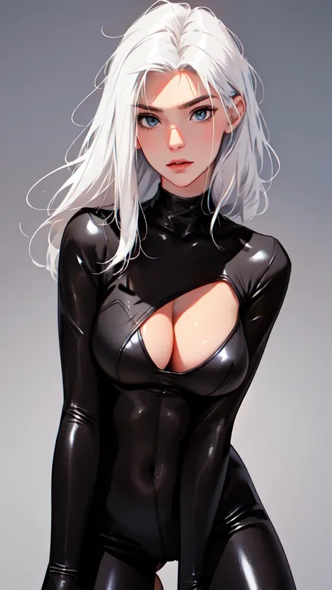 （lifelike， high - resolution：1.3）， 1 girl with a perfect body，slender body, Super fine face and eyes，assasin, dark makeup, shiny skin，white hair, sexy black bodysuit， Expose cleavage