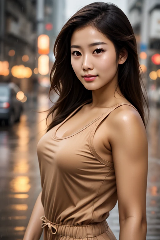 best quality, 8k, very delicate and beautiful, highly detailed face and skin texture, shiny skin, high resolution, big  sexy brown long hair tanned skin japanese girl in tank top stand on street, raining, wet, sharp focus