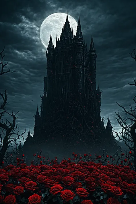 A castle with sharp roses surrounding it, dark fantasy, dark souls, thorns, roses thorns, blood, horror, sacry, very dark. Red castle, Blood sky, landscape. Masterpiece, UHD