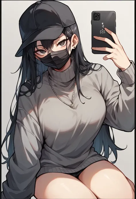 Sexy girl with long black hair taking a selfie in a black mask, a gray sweater and a black cap with a black outline